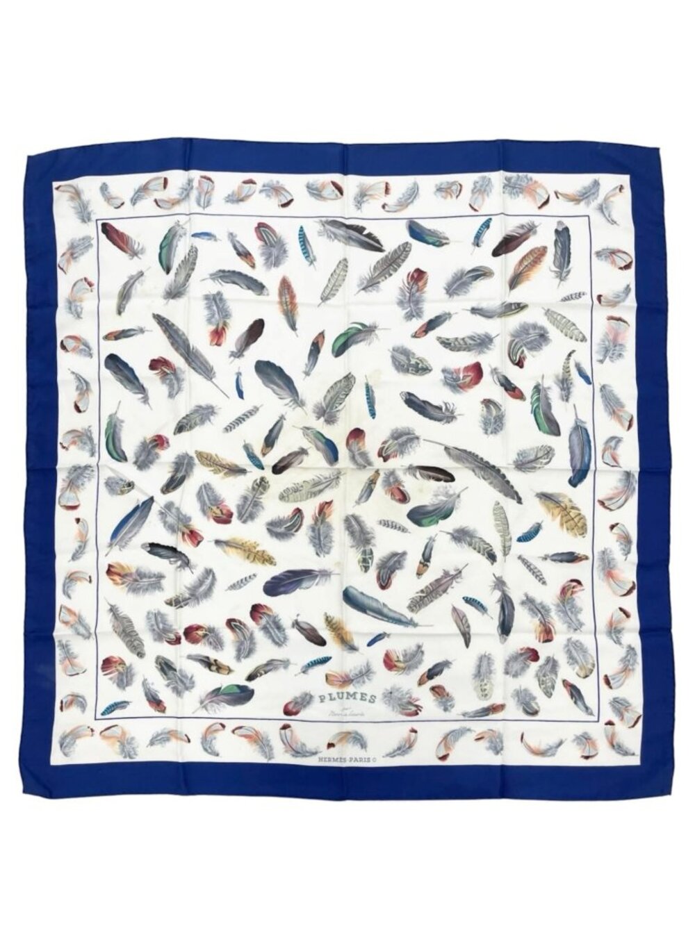 Hermes Carre 90 Plumes Scarf Silk Blue Feather Pattern